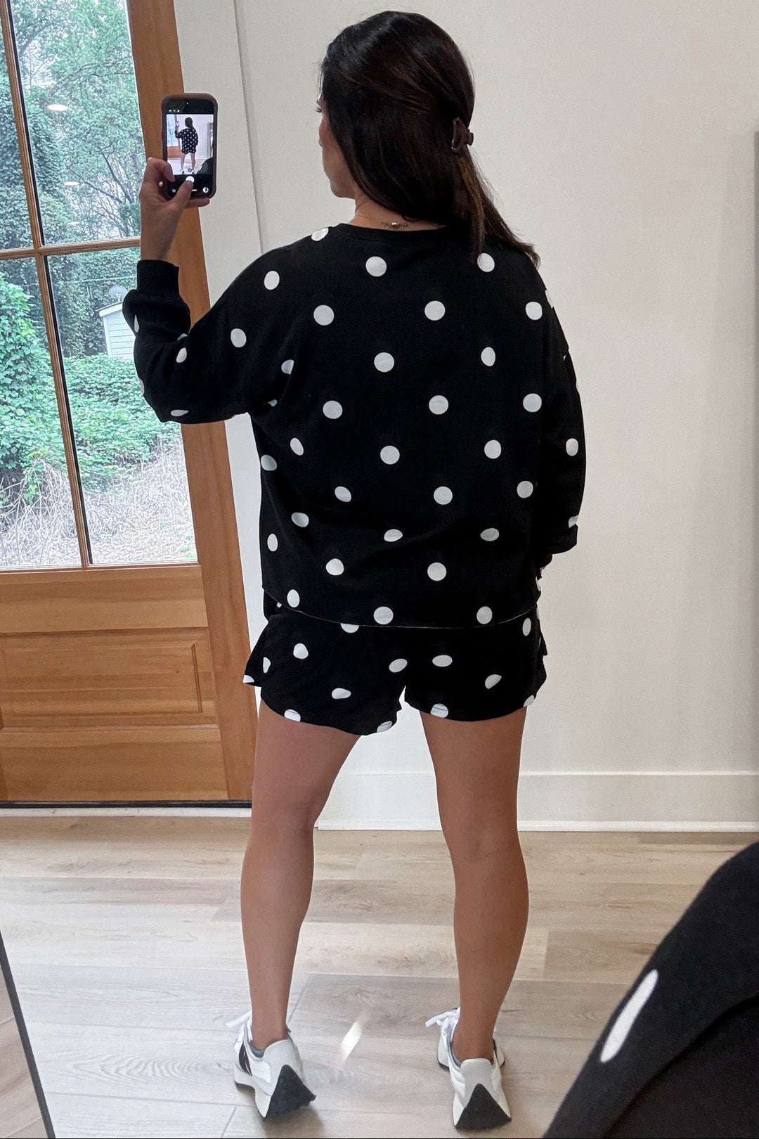 black with white polka dot print top and skort matching soft terry cotton knit set