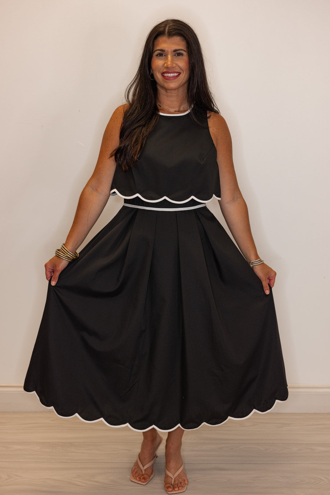 black white scalloped hem midi dress