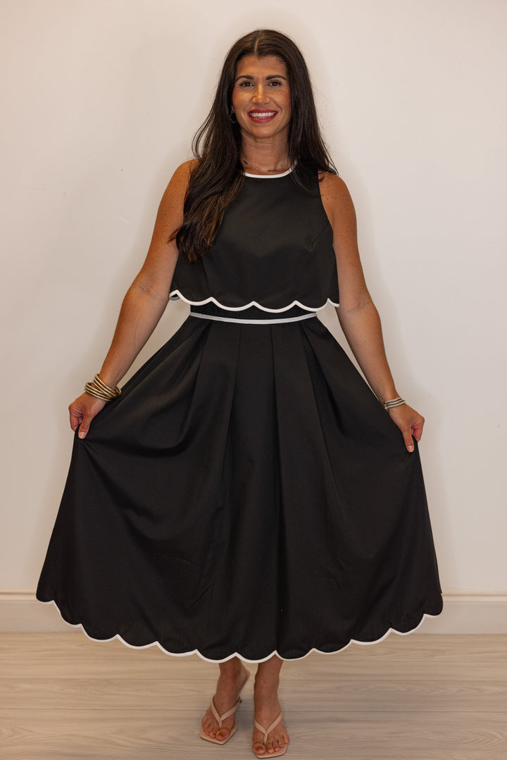 black white scalloped hem midi dress