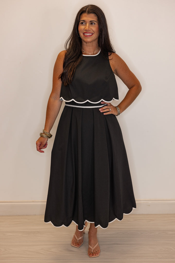 black white scalloped trim midi dress
