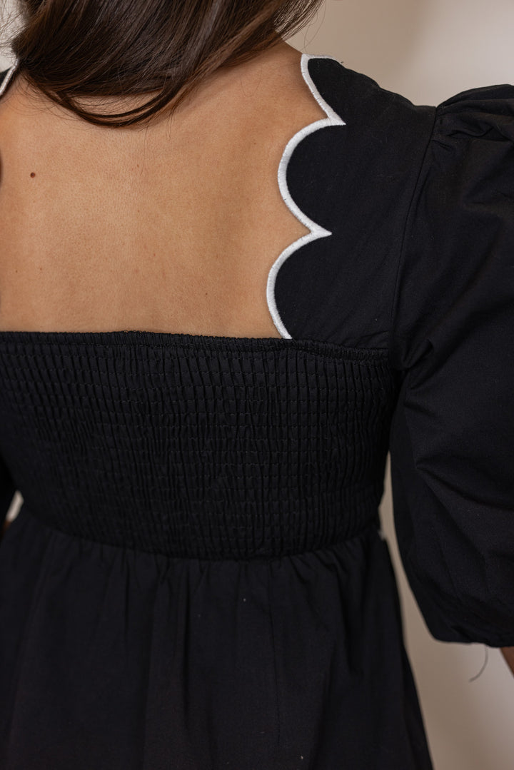 black white scalloped trim cocktail dress