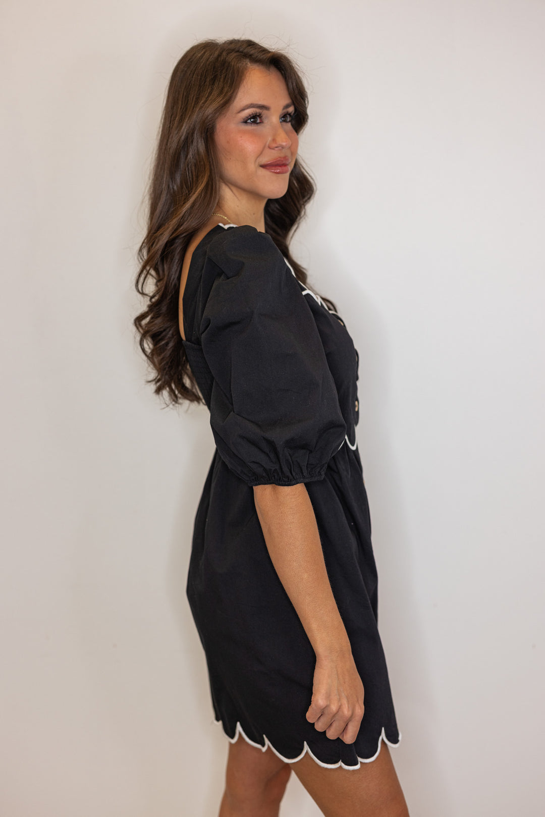 black white scalloped trim cocktail dress