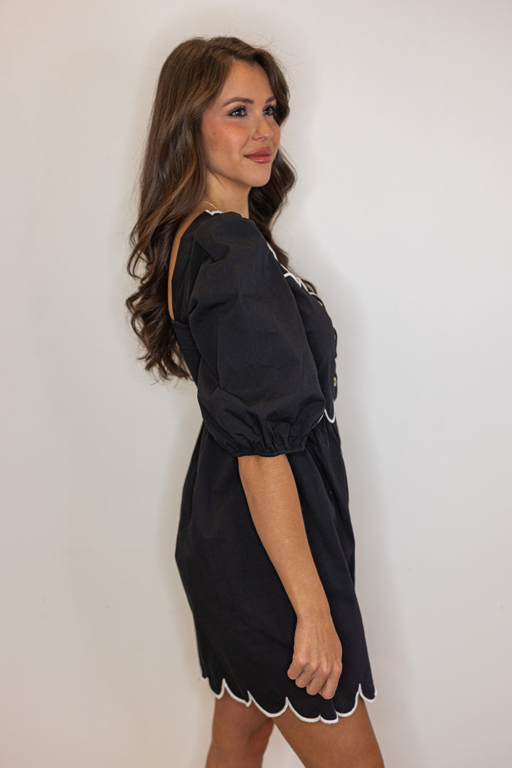 black white scalloped trim cocktail dress