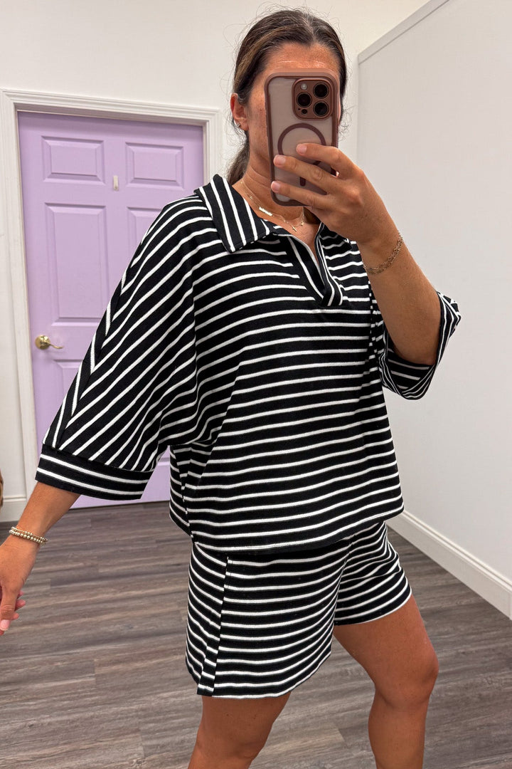 black and white horizontal striped drop shoulder short sleeve top and shorts knit matching loungewear set