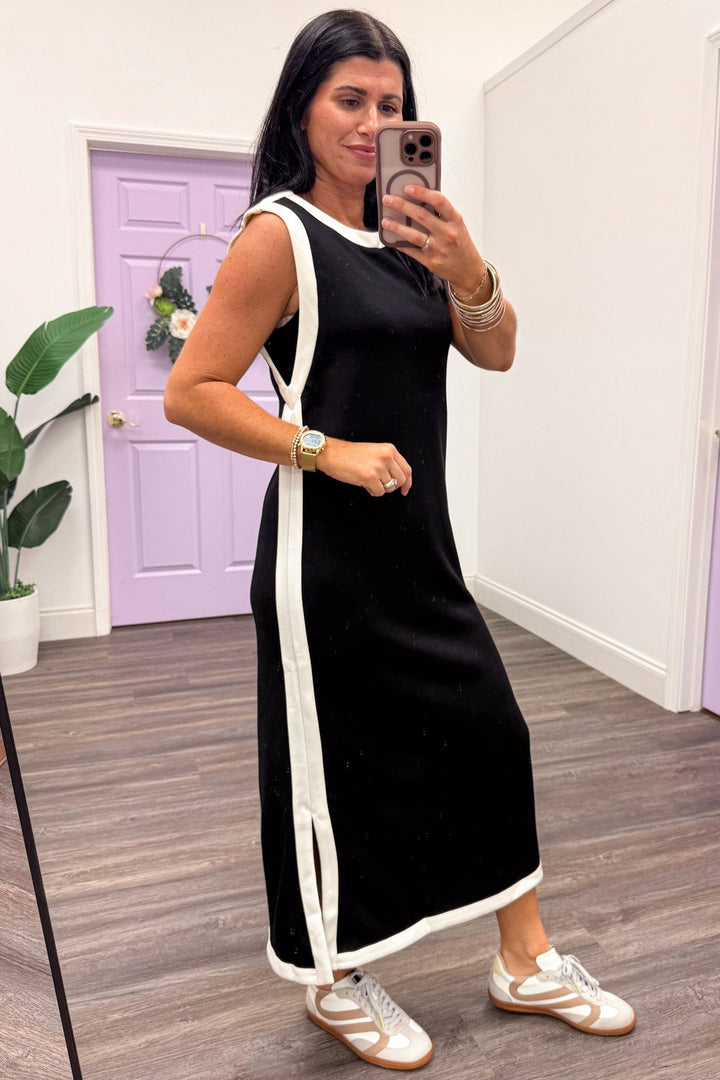 cream trim sleeveless scuba knit black midi dress side slits