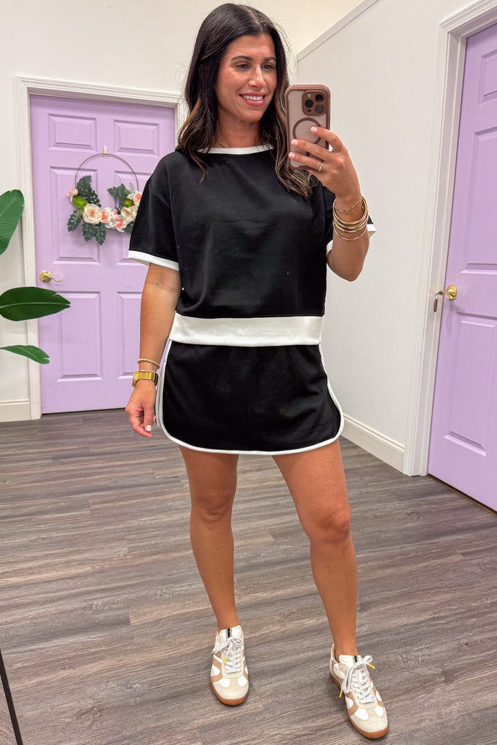 black with white trim details short sleeve loungewear athleisure knit top
