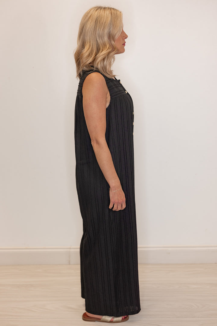 Women's black textured summer romper by Jodifl showing full side view