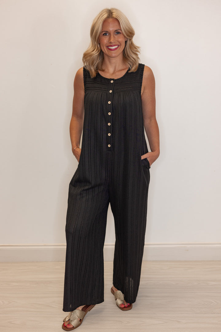 Women's black textured summer romper by Jodifl showing textured detail