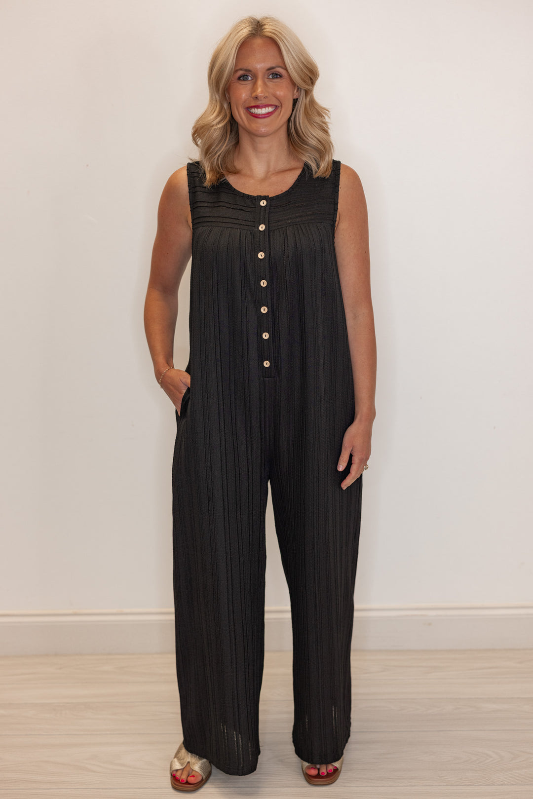 Women's black textured summer romper by Jodifl showing full front view