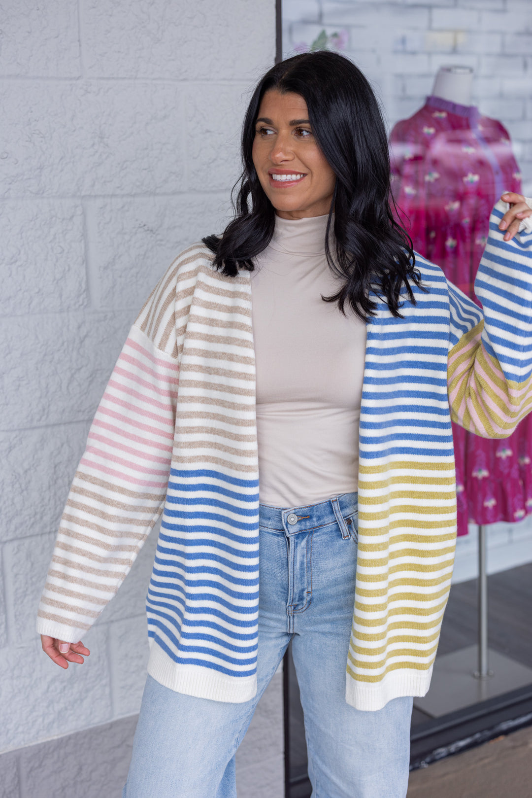Women's blue, taupe, pink, olive and cream striped colorblock open front knit cardigan by Hyfve