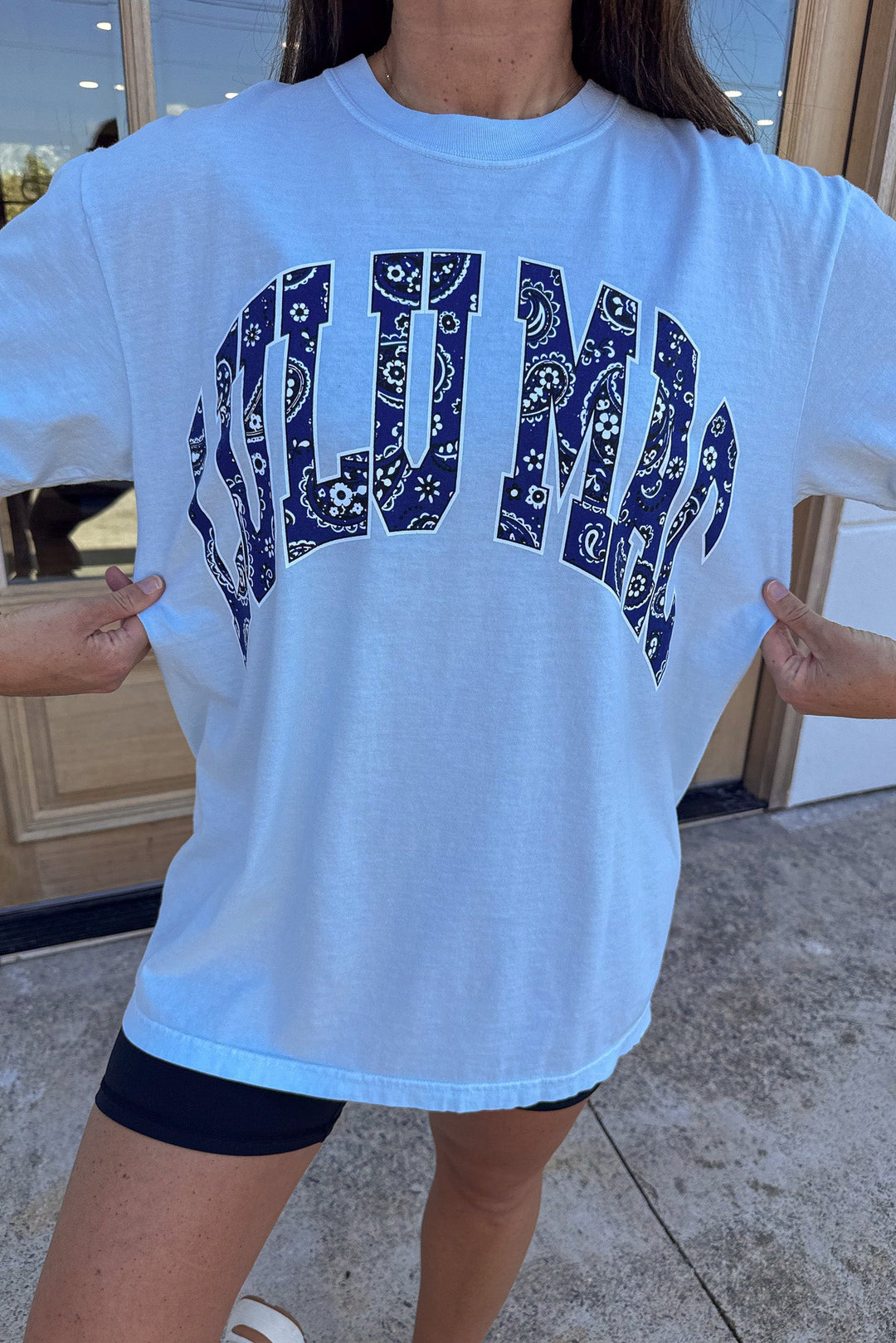 light blue with navy bandana chambray print lulu mac graphic crew neckline short sleeve t-shirt