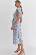 Entro Blue button down midi dress in belt print satin with self tie at waist