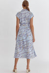 Entro Blue button down midi dress in belt print satin with self tie at waist