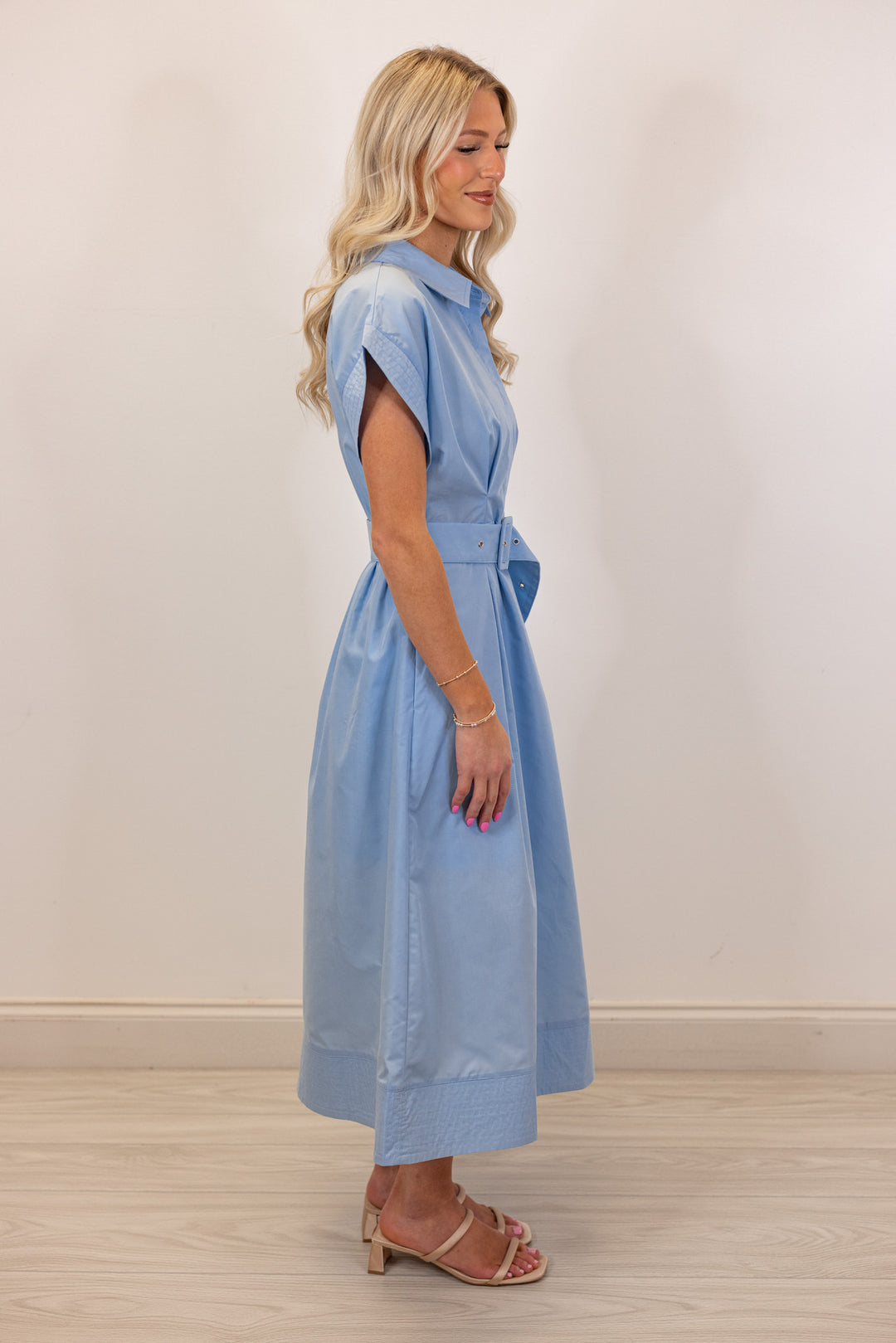 blue belted linen midi dress