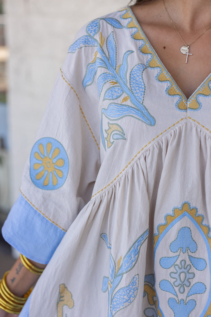 boho fall blue embroidered babydoll dress