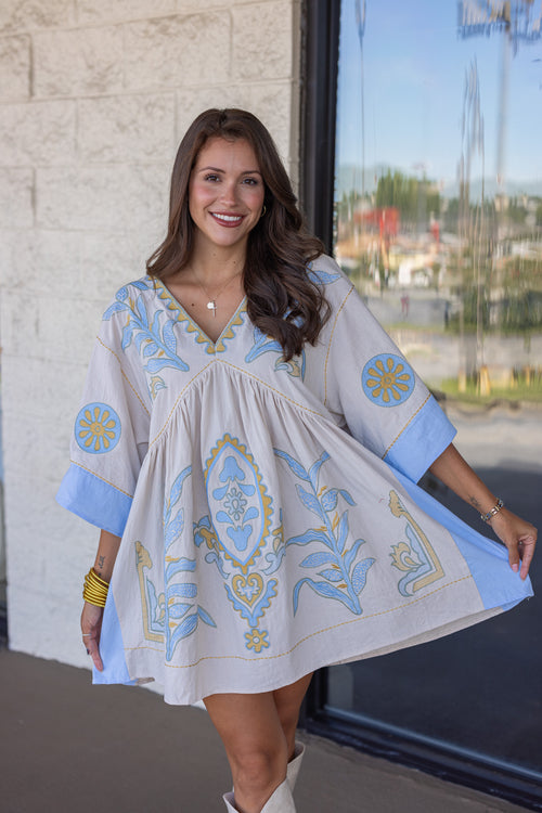 boho fall blue embroidered babydoll dress