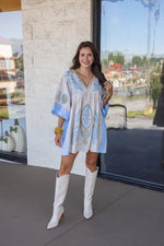 boho fall blue embroidered babydoll dress