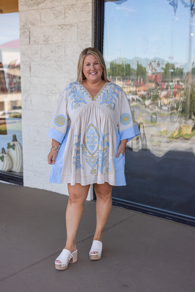 boho fall blue embroidered babydoll dress