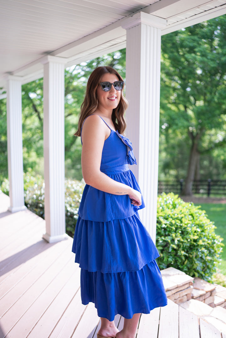 classy sophisticated blue bow midi dress