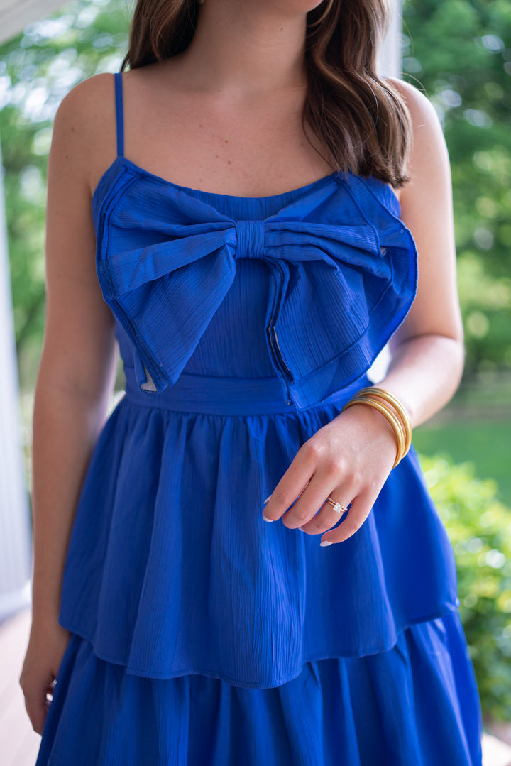classy sophisticated blue bow midi dress