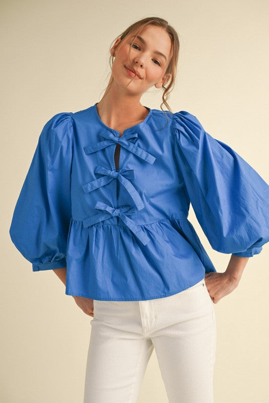 Dreamy Bows Blue Peplum Top