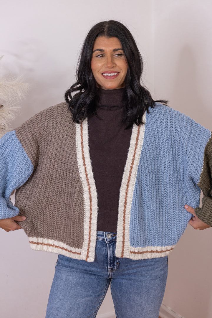 Women's mocha, light blue and olive colorblock open front sweater knit cardigan by Hyfve showing true to size fit