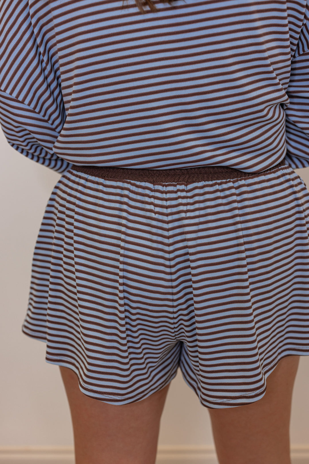 Women's light blue and brown striped knit shorts with contrasting terry knit trim by BucketList showing up close back view