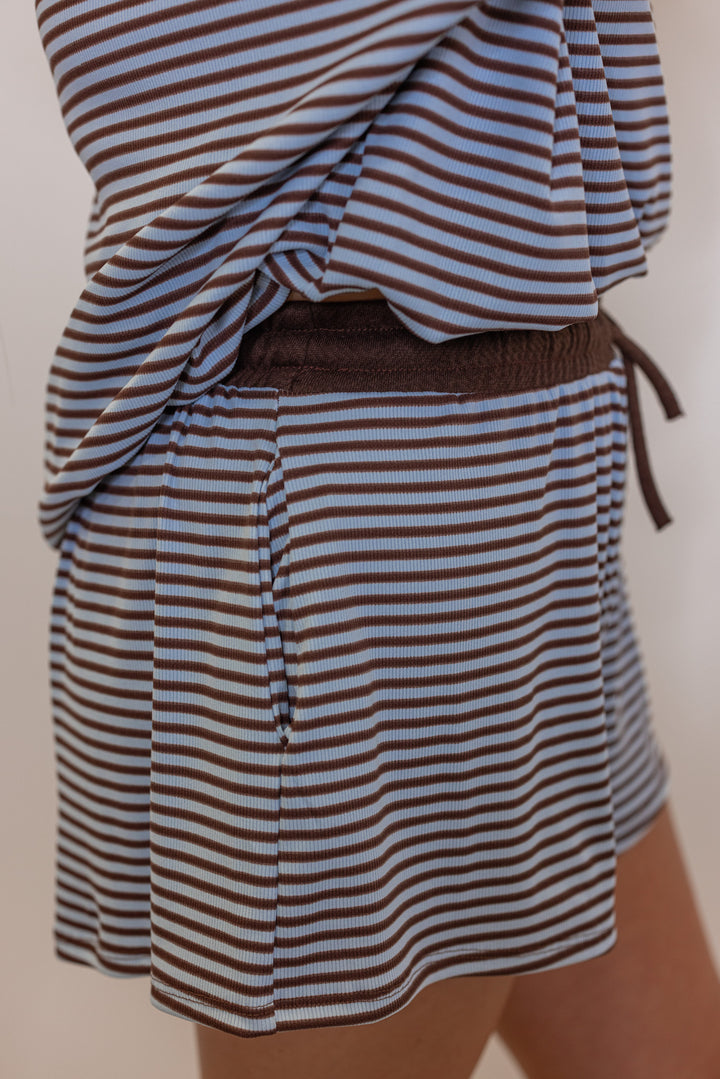 Women's light blue and brown striped knit shorts with contrasting terry knit trim by BucketList showing up close side view