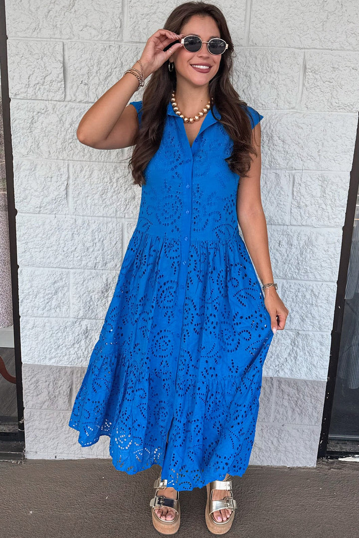 solid royal blue eyelet embroidered button front cap sleeve midi dress