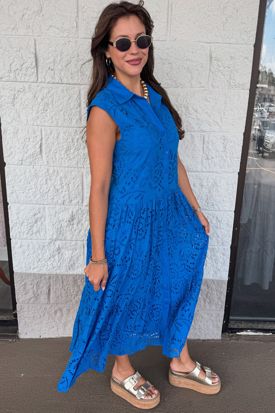 solid royal blue eyelet embroidered button front flowy midi dress