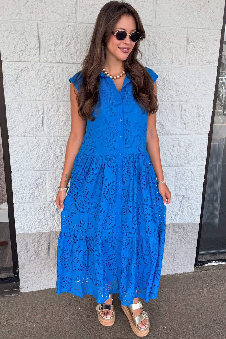 solid royal blue eyelet embroidered button front midi dress