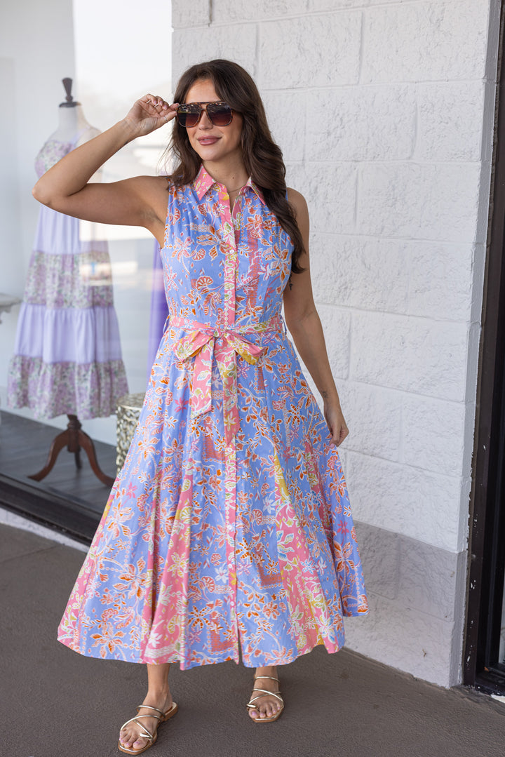 cornflower blue and coral floral print sleeveless button down belted waist midi dress