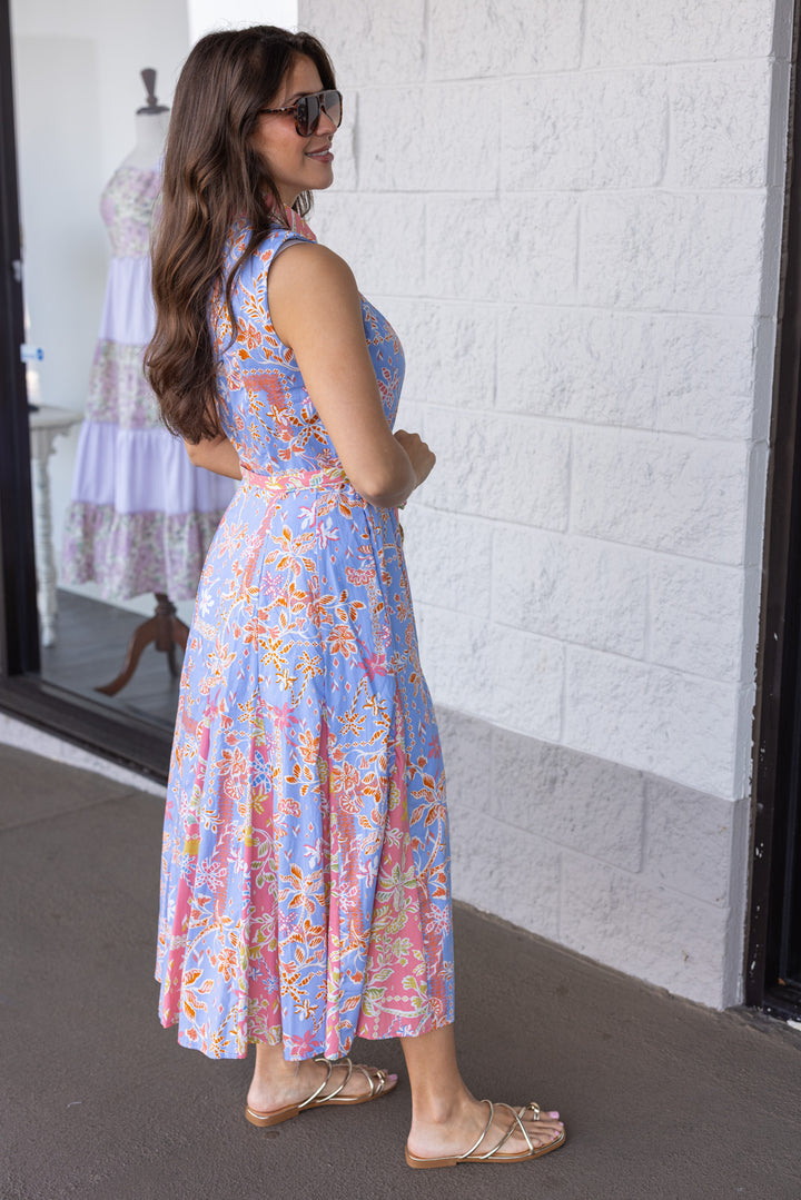 cornflower blue and coral floral print sleeveless midi dress side pockets