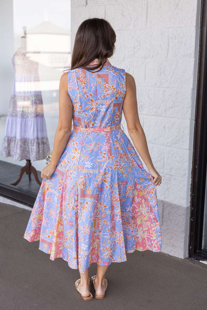 cornflower blue and coral multi-floral print sleeveless button down midi dress