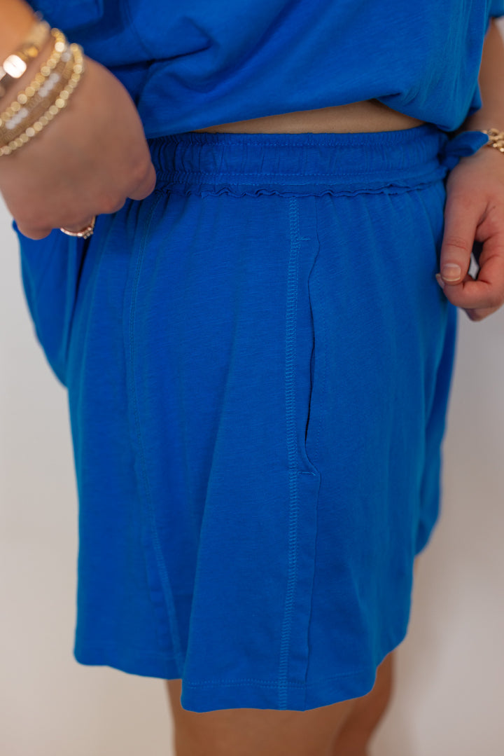 blue cotton slub knit shorts shirt set