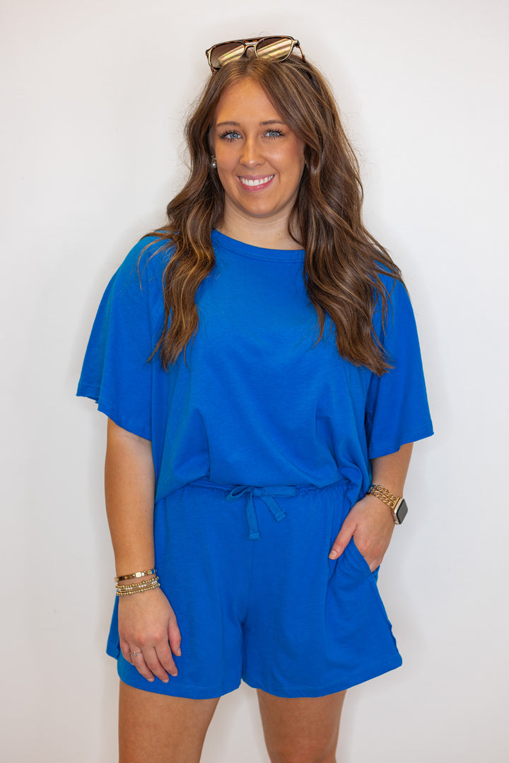 blue cotton slub knit shorts shirt set