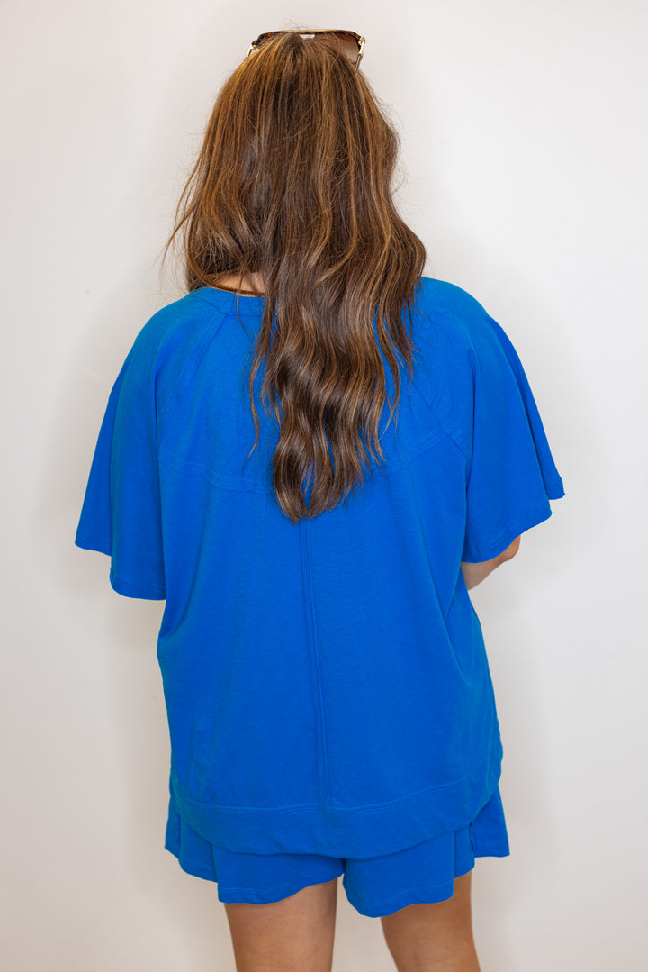 blue cotton slub knit shorts shirt set