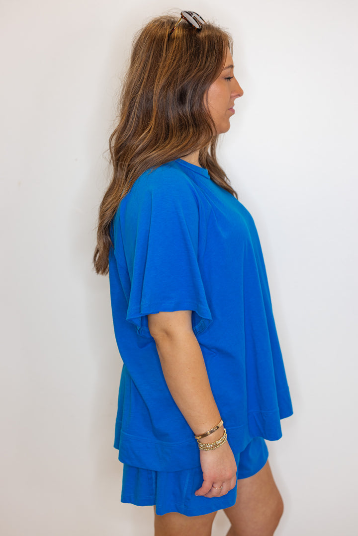 blue cotton slub knit shorts shirt set