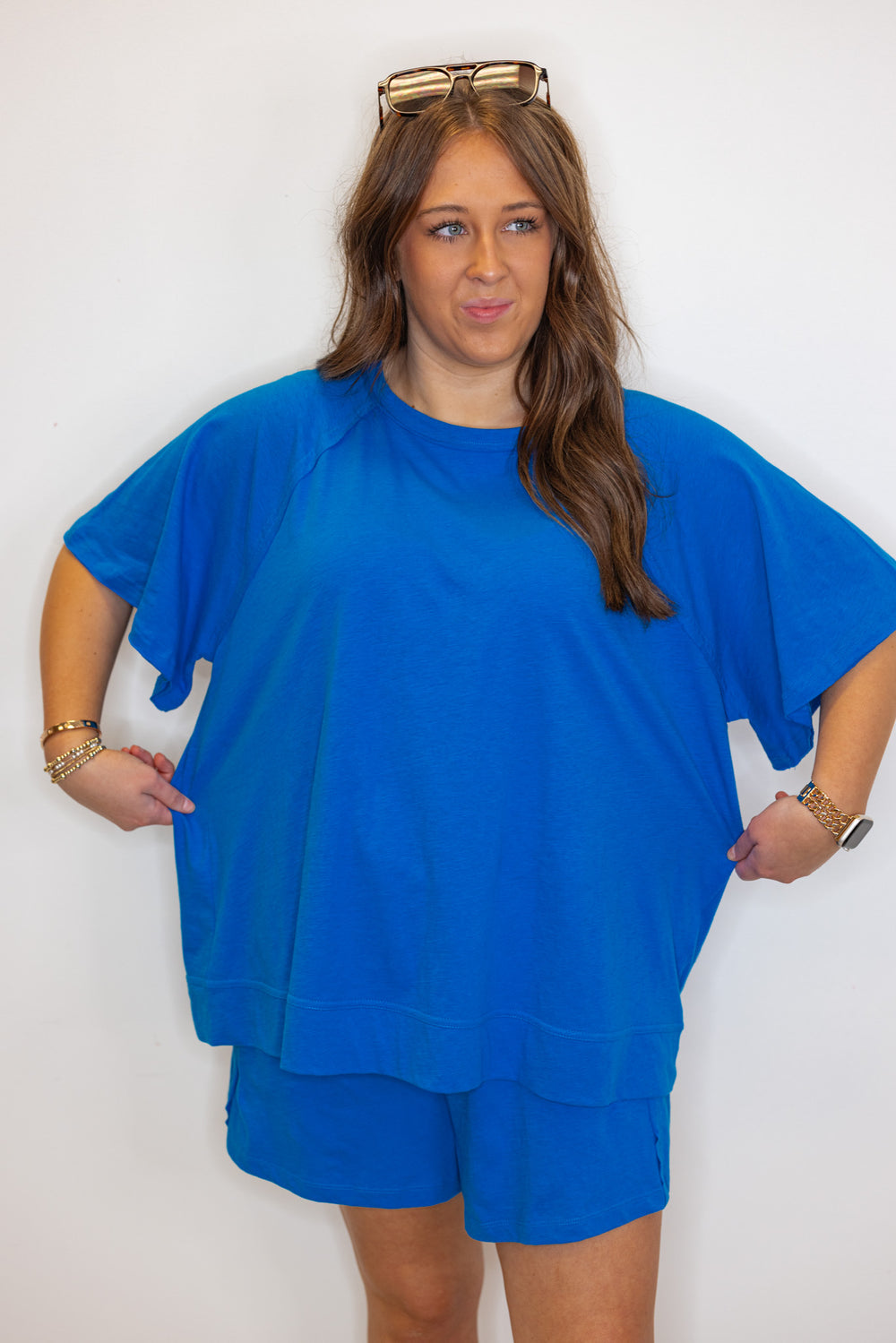 blue cotton slub knit shorts shirt set