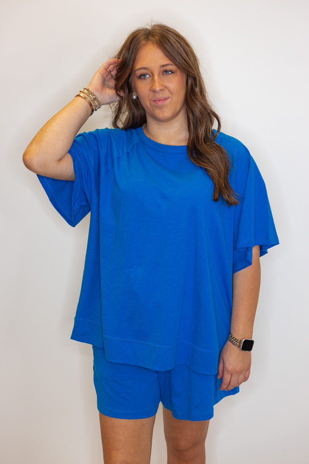 blue cotton slub knit shorts shirt set