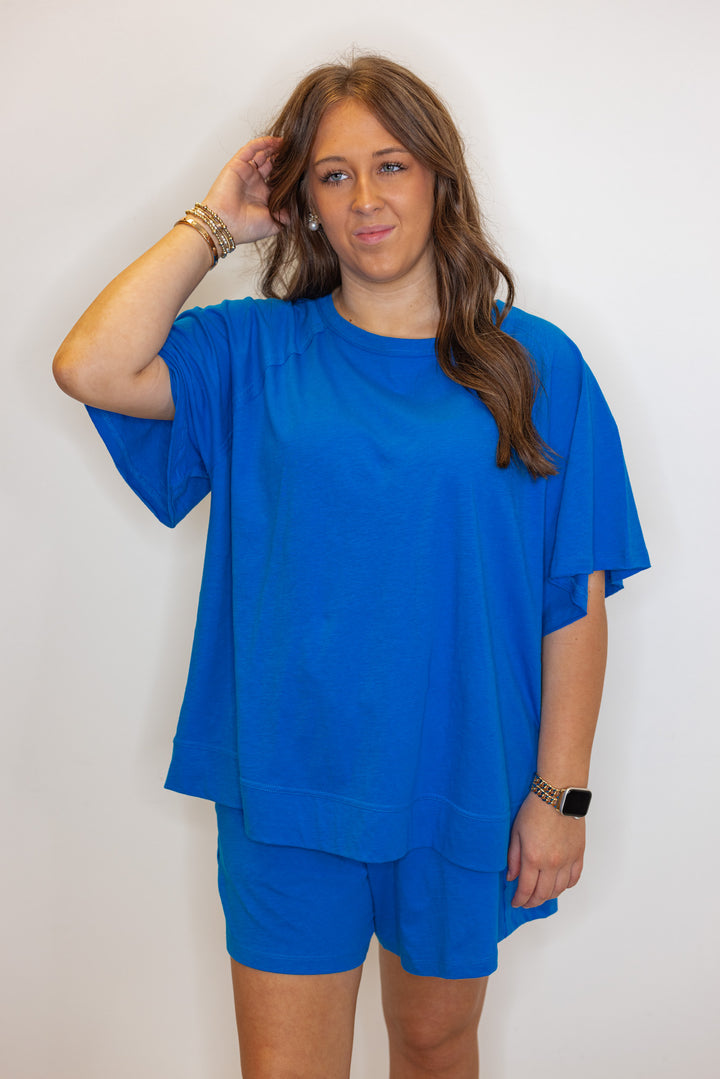 blue cotton slub knit shorts shirt set