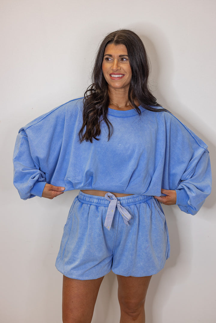 cotton french terry blue cropped pullover