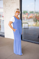 soft blue flowy leg casual jumpsuit