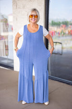 soft blue flowy leg casual jumpsuit