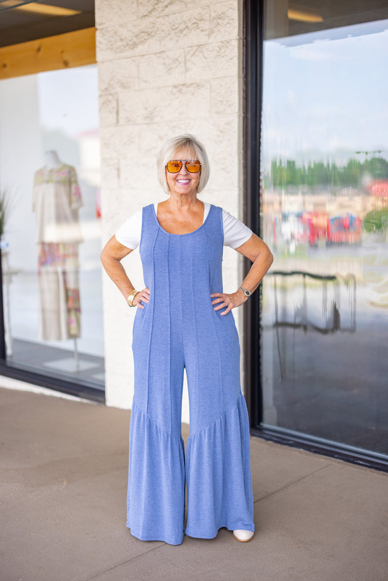 soft blue flowy leg casual jumpsuit