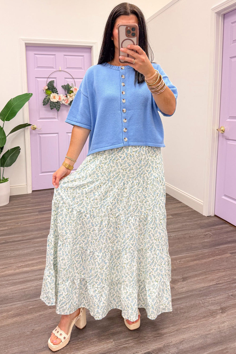 light blue and cream small floral print tiered flowy maxi skirt