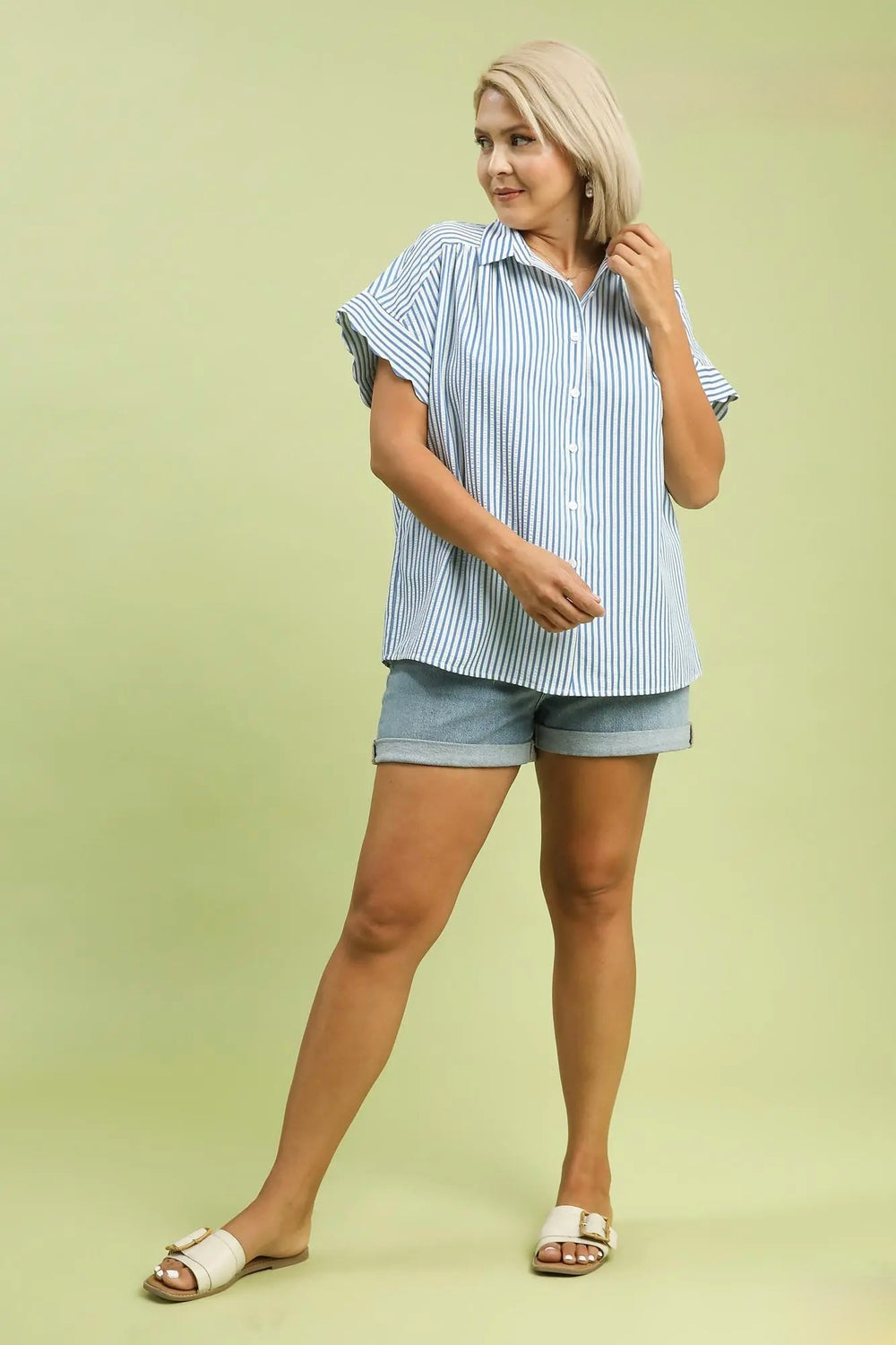 Women's Umgee blue and cream striped button down top with scalloped sleeves in plus size showing full front view