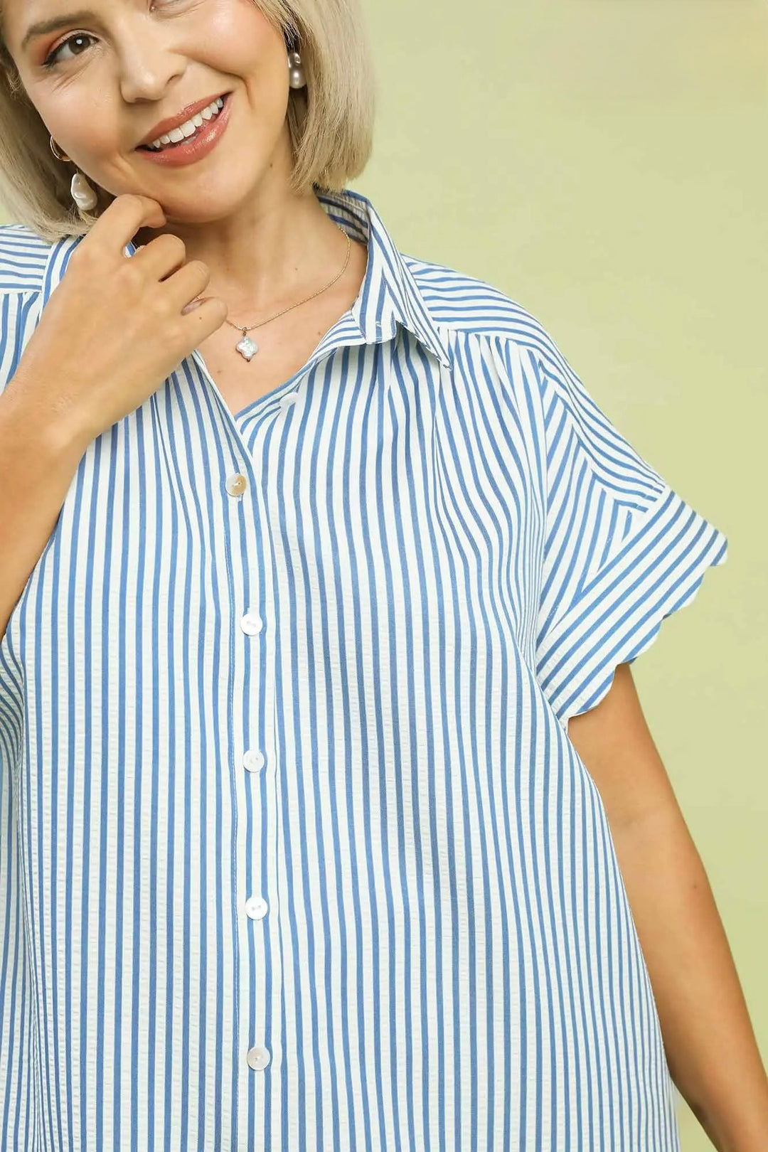 Women's Umgee blue and cream striped button down top with scalloped sleeves in plus size showing textured fabric