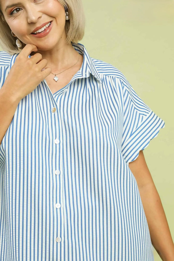 Women's Umgee blue and cream striped button down top with scalloped sleeves in plus size showing textured fabric
