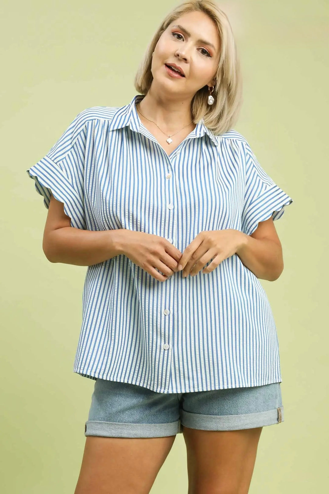 Women's Umgee blue and cream striped button down top with scalloped sleeves in plus size